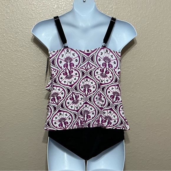 Swim Solution Ruffled Purple & White Patterned One Piece Swimsuit - Picture 4 of 4